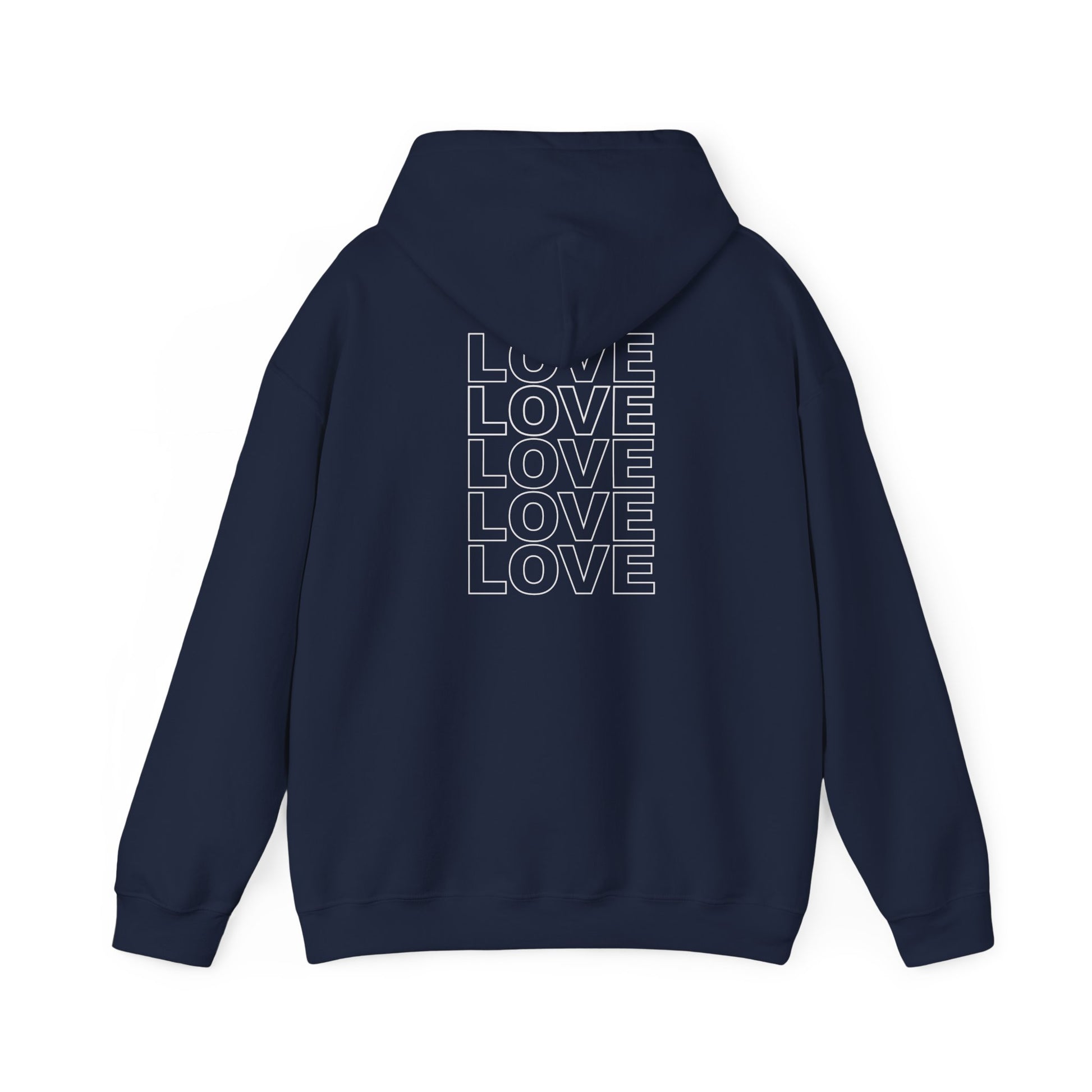 Live Love Be Peace and LOVE Unisex Hoodie in White on Navy Back View