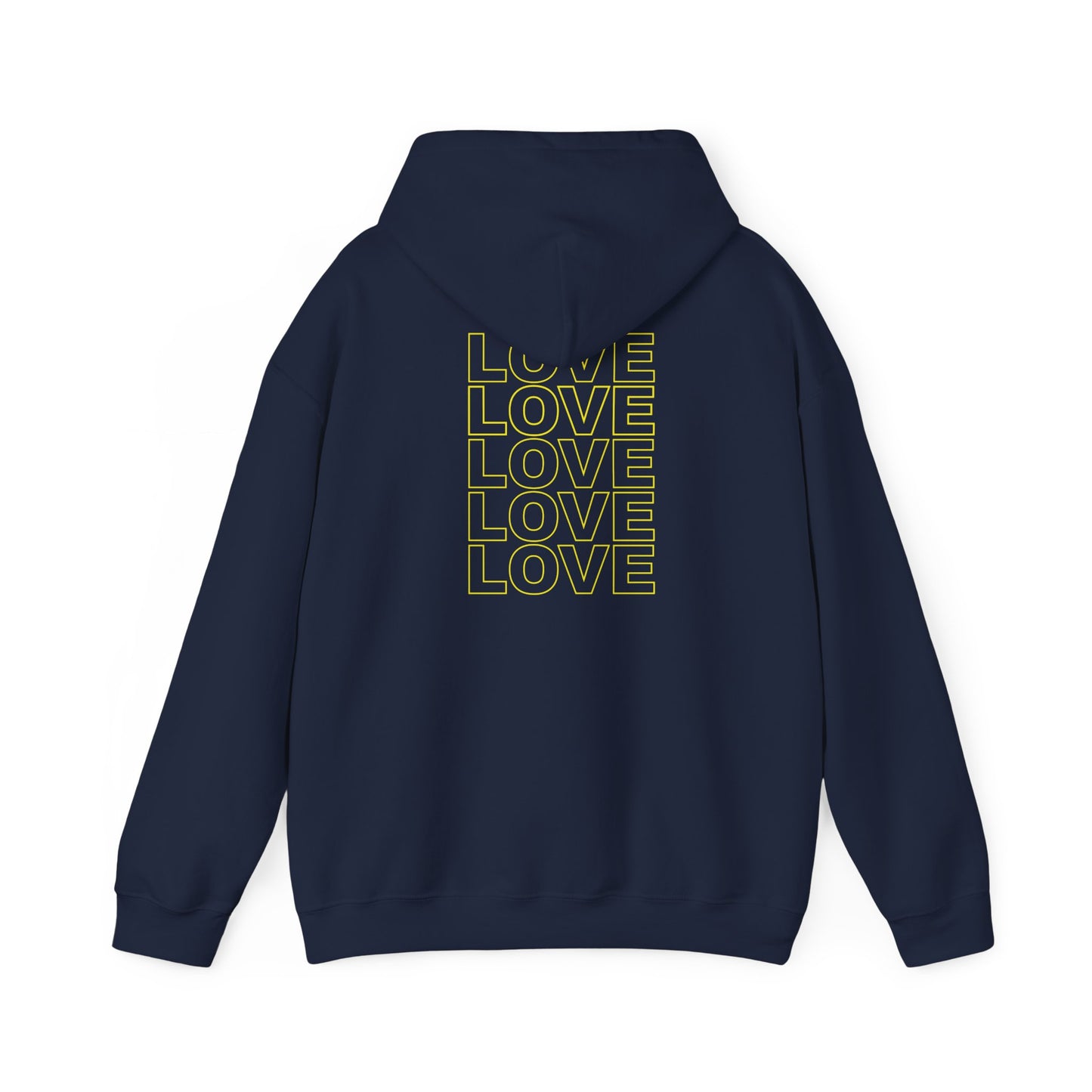 Live Love Be Peace and LOVE Unisex Hoodie in Yellow on Navy Back View