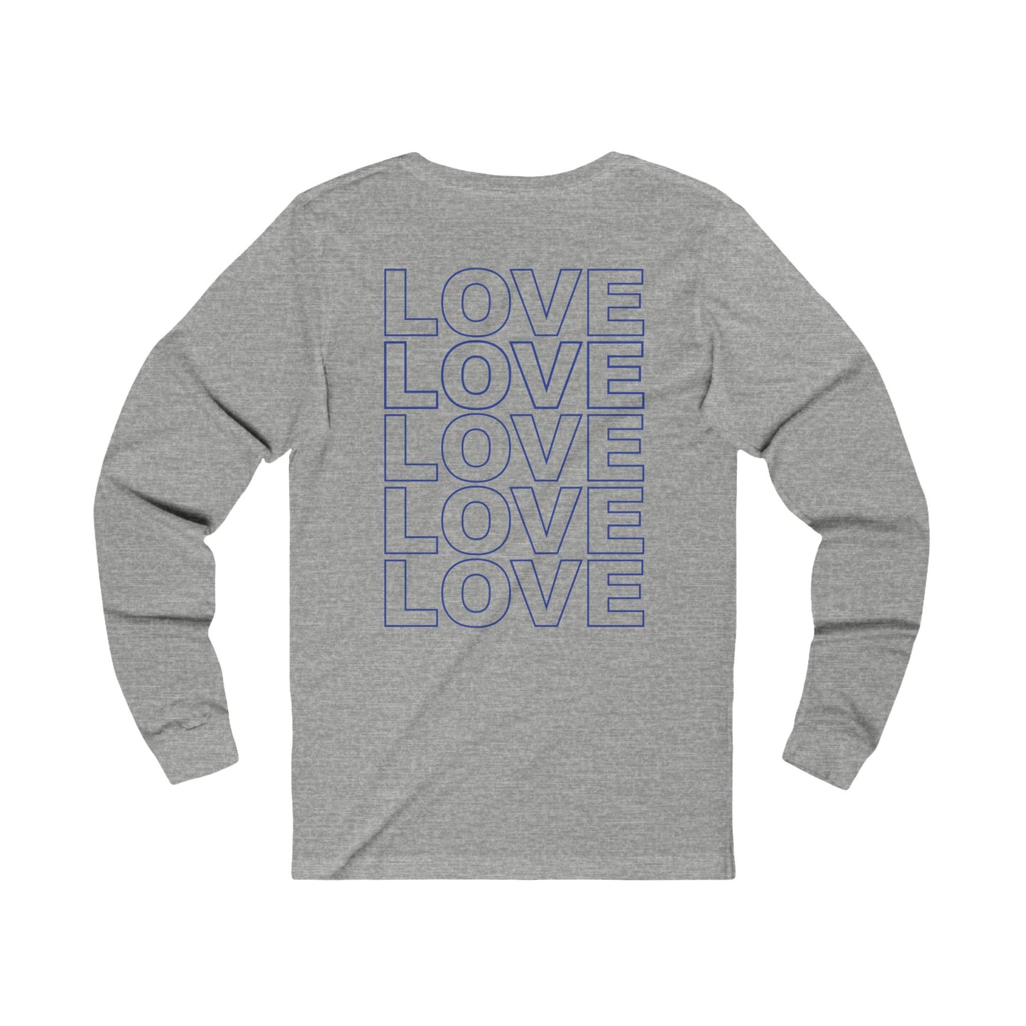 Live Love Be Peace and LOVE Long Sleeve T-shirt in Blue on Athletic Heather Back