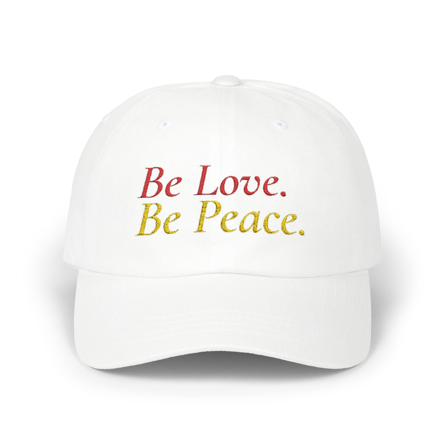 Be Love Be Peace embroidered dad hat in white by Live Love Be Peace – adjustable cotton cap expressing love and peace values
