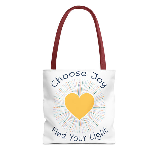 Choose Joy tote bag by Live Love Be Peace featuring a white canvas body with contrasting red handles
