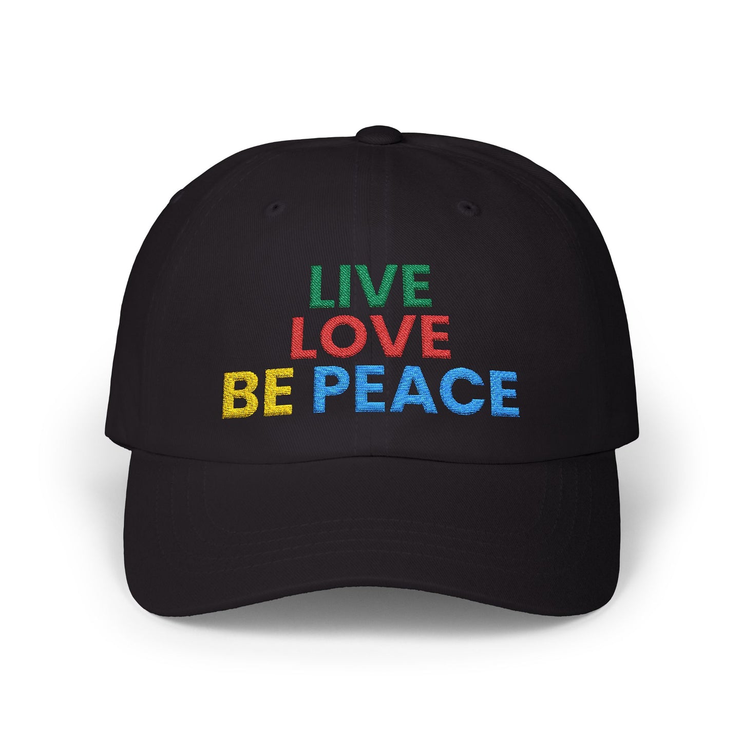 Live Love Be Peace Dad Hat in Black with multicolored embroidery