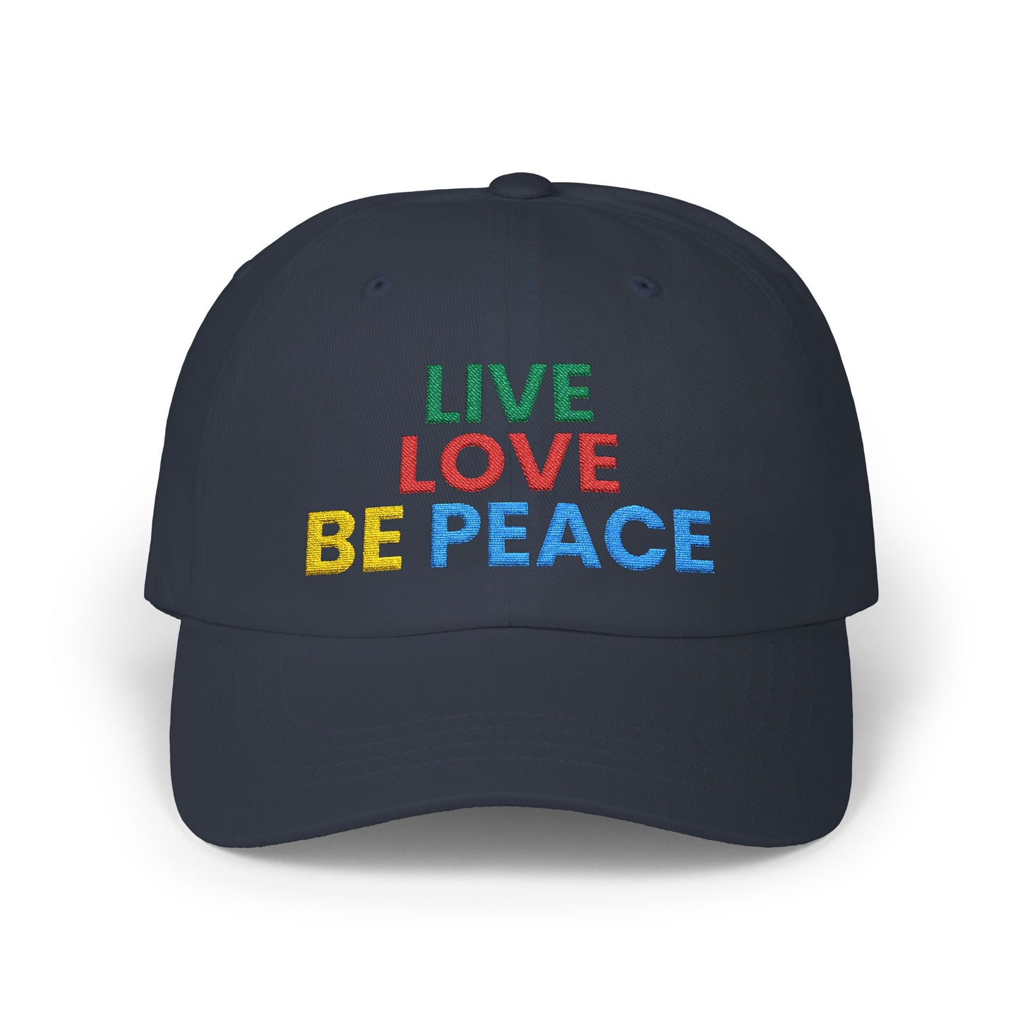 Live Love Be Peace Dad Hat in Navy with multicolored embroidery