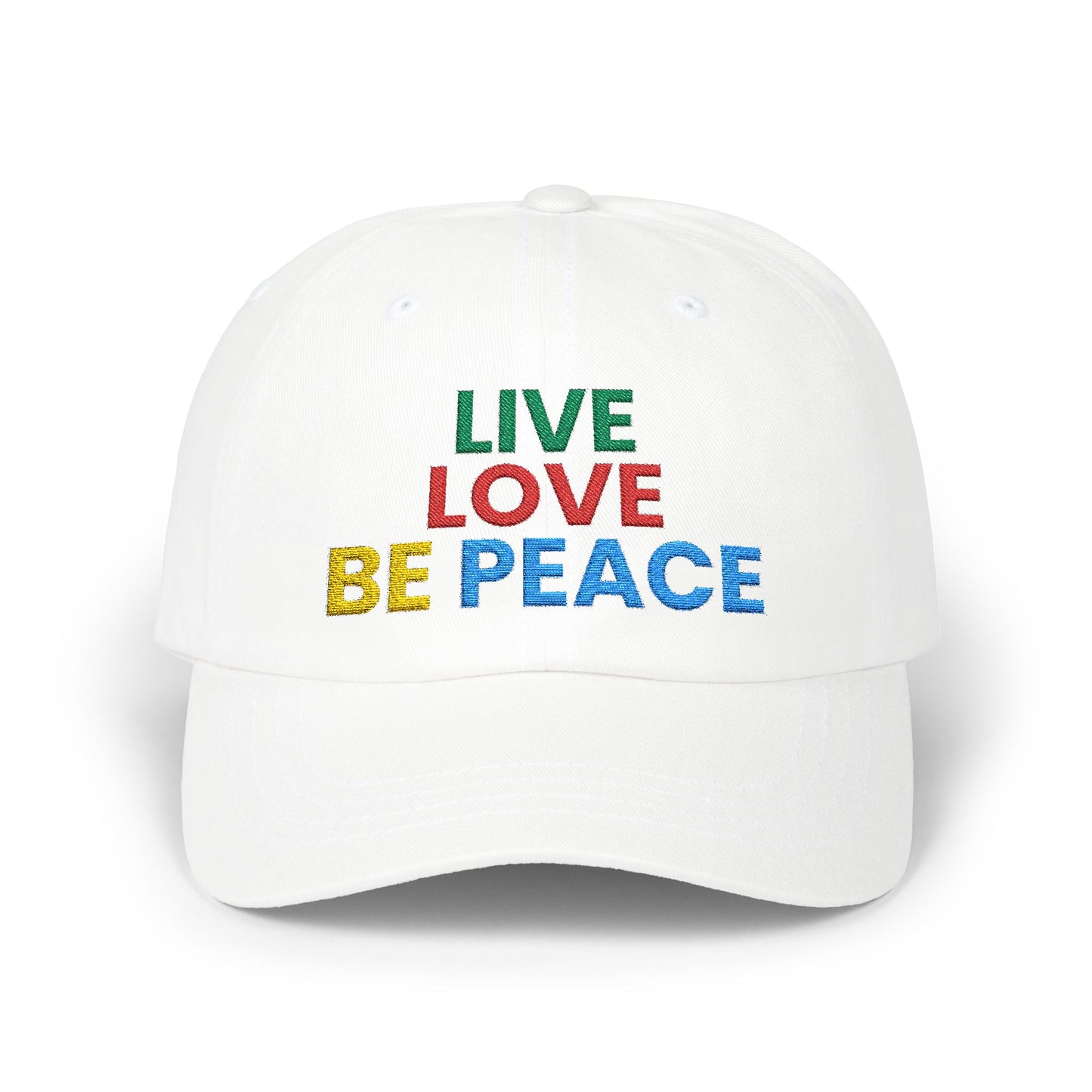 Live Love Be Peace Dad Hat in White with multicolored embroidery