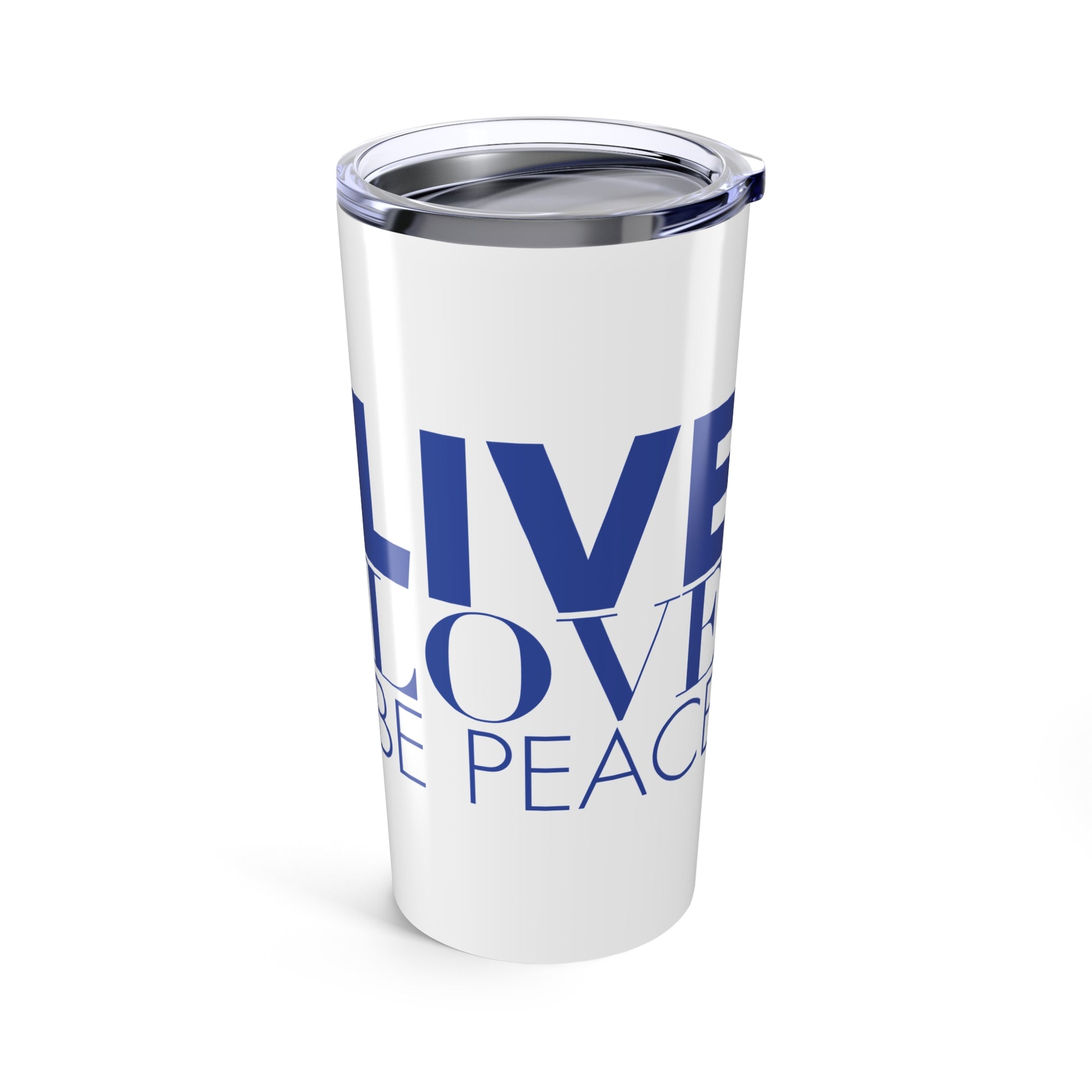 Live Love Be Peace text design 20oz insulated tumbler in blue with double-wall stainless steel construction
