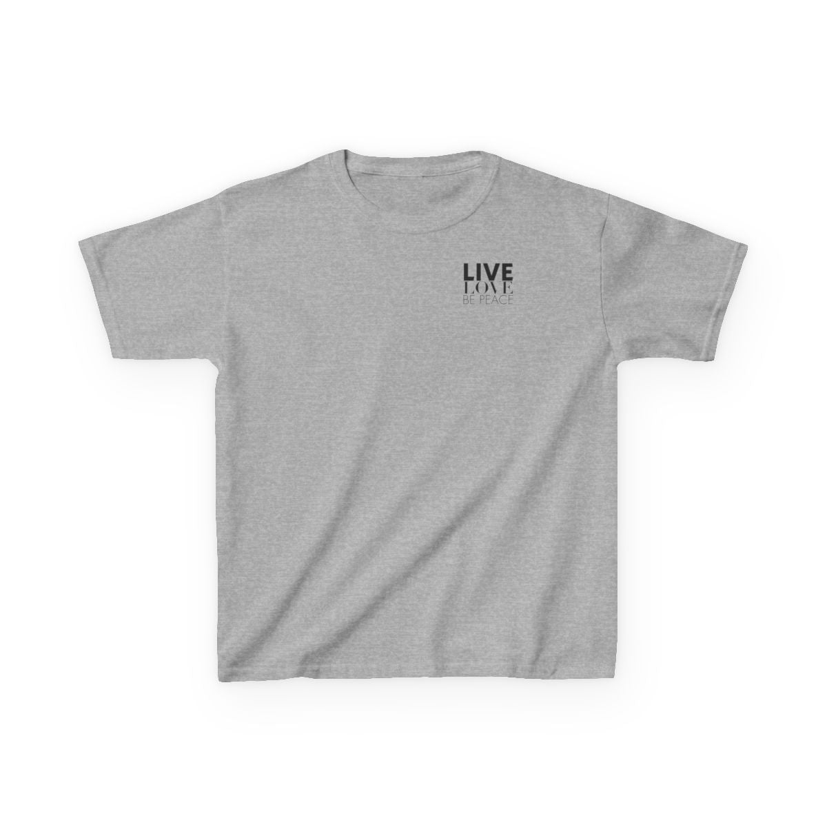 Live Love Be Peace logo front kids t shirt in black on grey