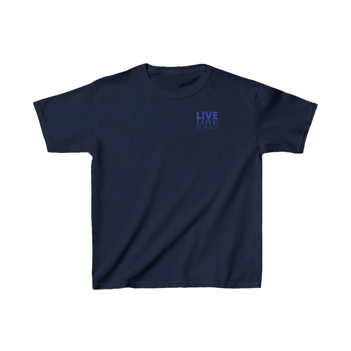 Live Love Be Peace logo front kids t shirt in blue on navy