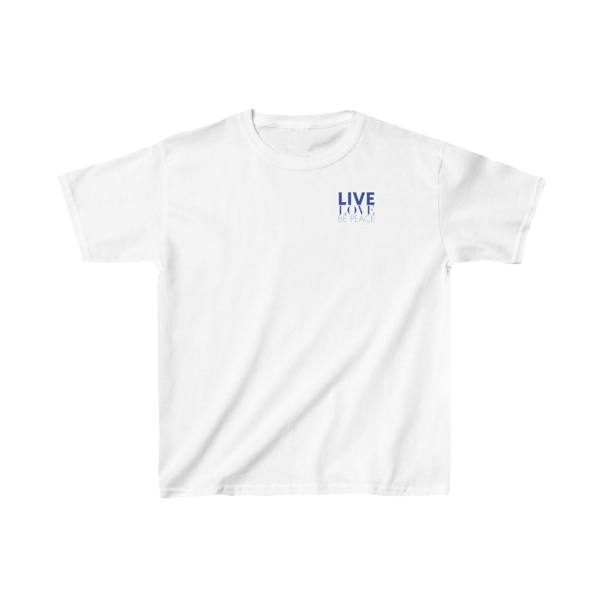 Live Love Be Peace logo front kids t shirt in blue on white