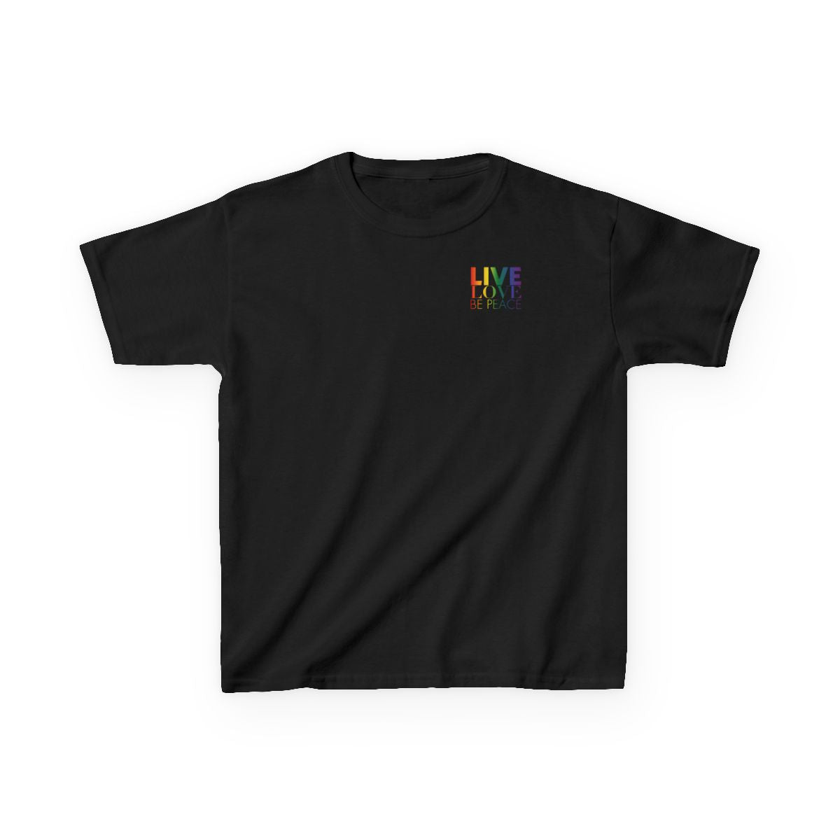 Live Love Be Peace logo front kids t shirt in rainbow on black