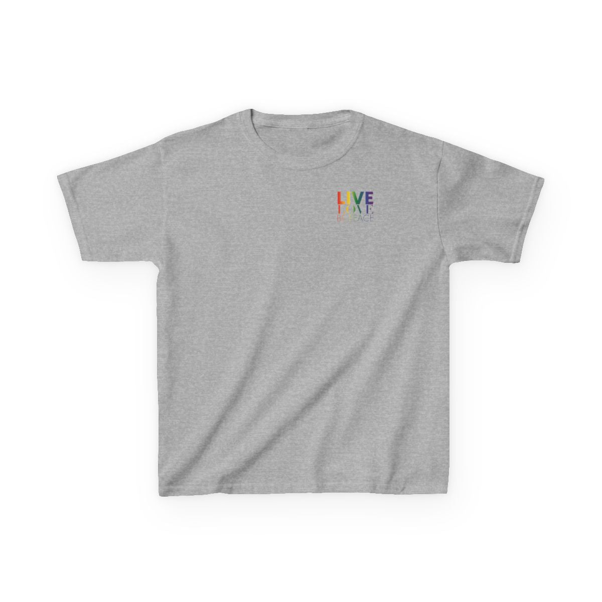 Live Love Be Peace logo front kids t shirt in rainbow on arey