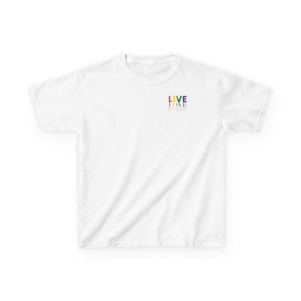 Live Love Be Peace logo front kids t shirt in rainbow on white 