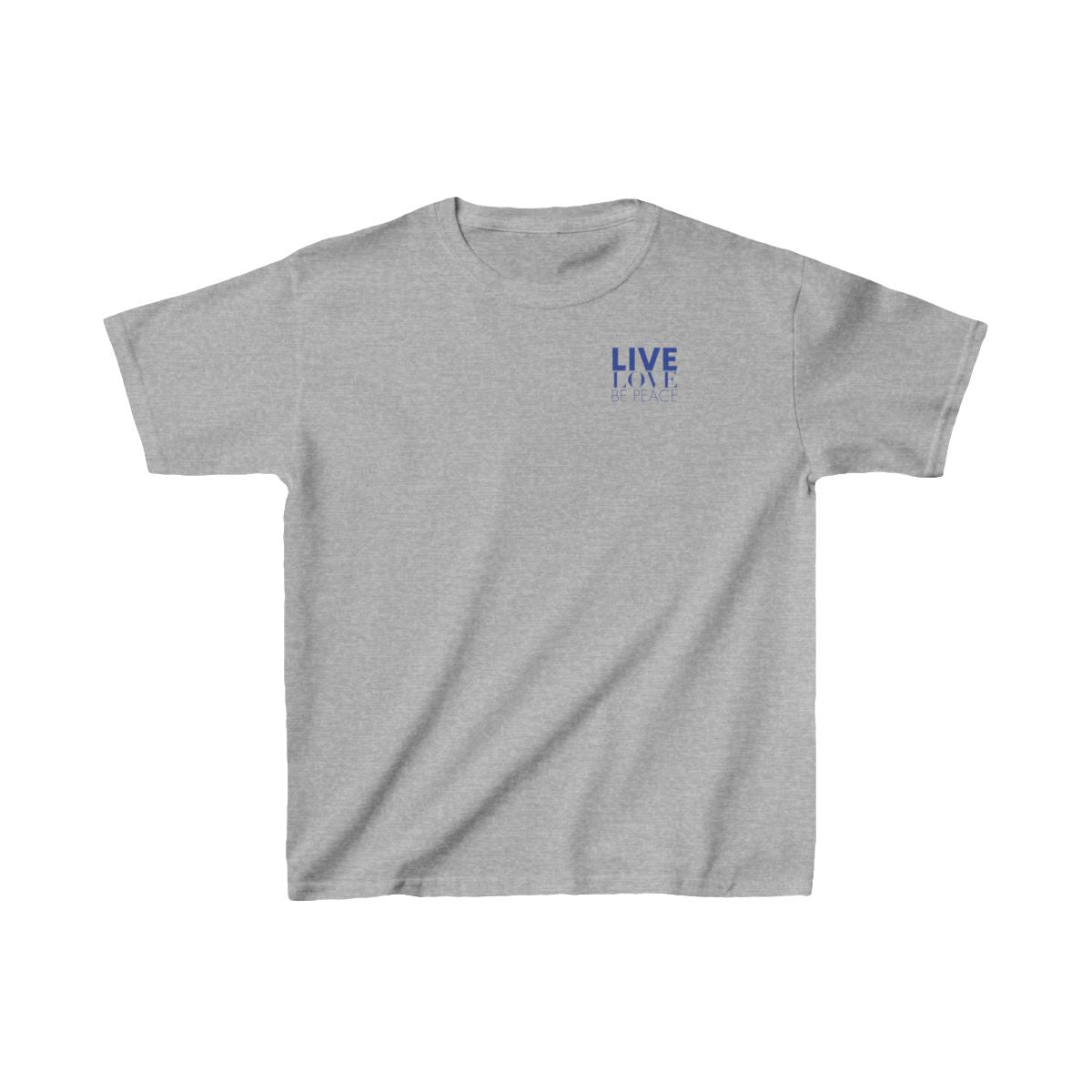 Live Love Be Peace logo front kids t shirt in blue on grey