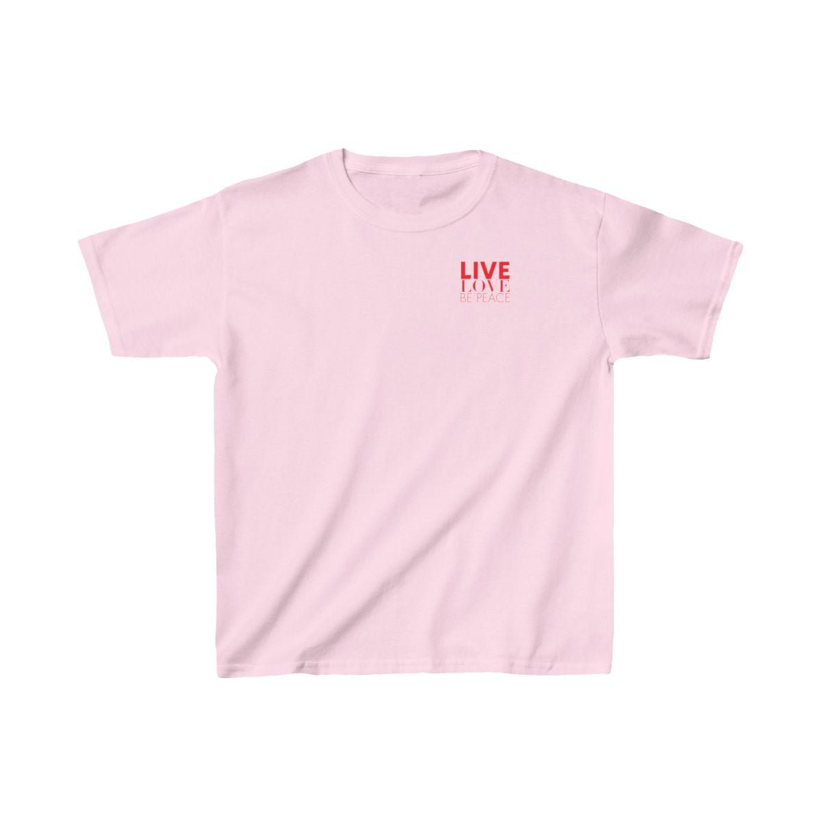 Live Love Be Peace logo front kids t shirt in red on pink