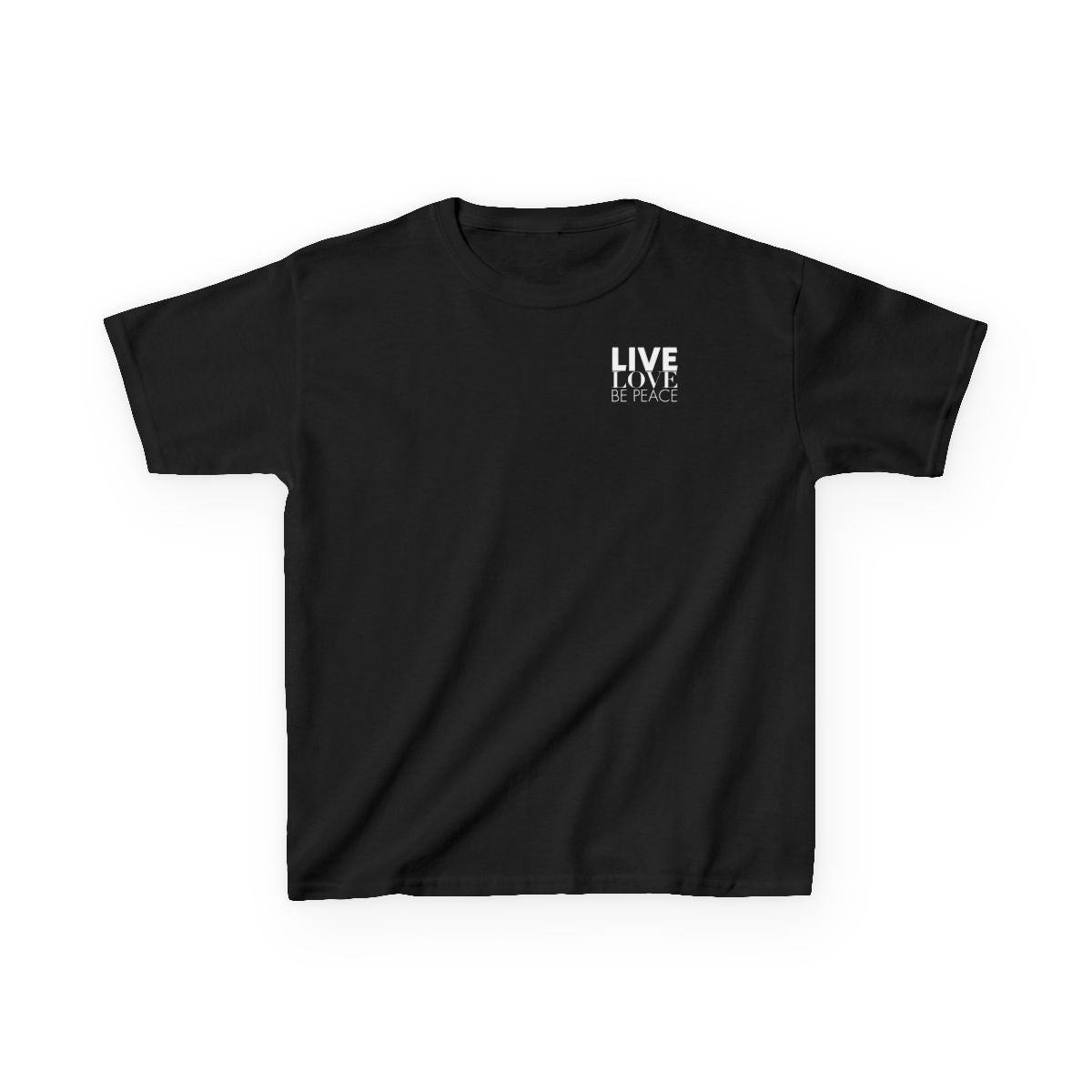 Live Love Be Peace logo front kids t shirt in white on black
