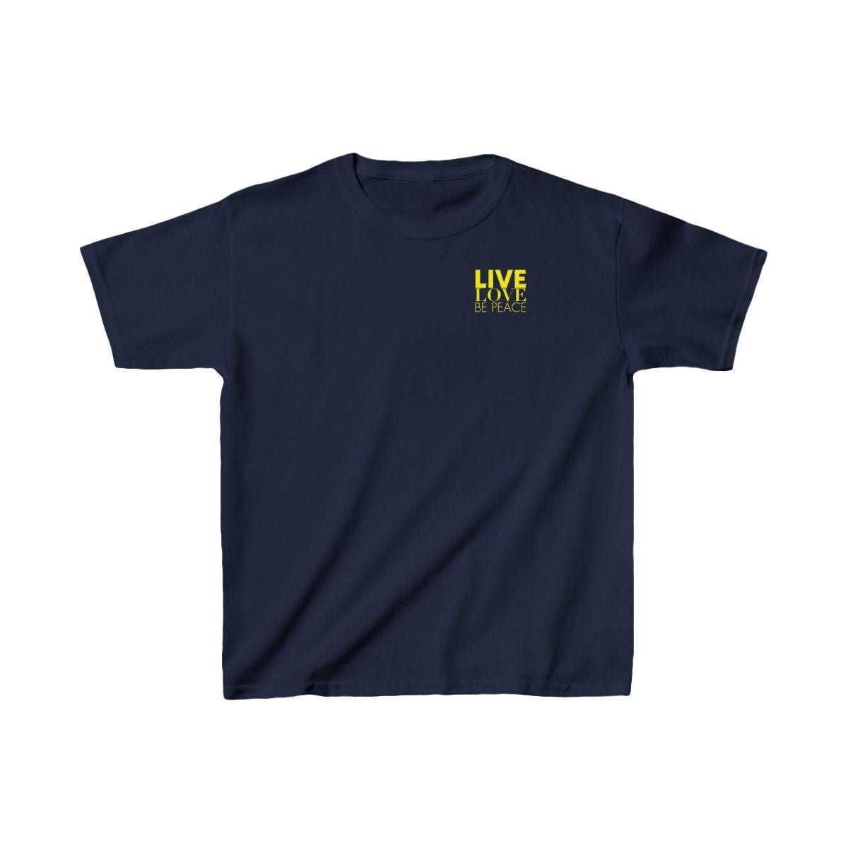 Live Love Be Peace logo front kids t shirt in yellow on navy