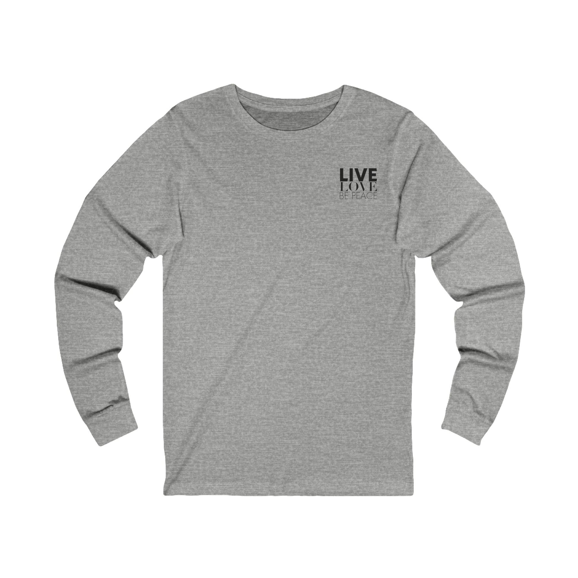 Live Love Be Peace logo front long sleeve t shirt in black on grey