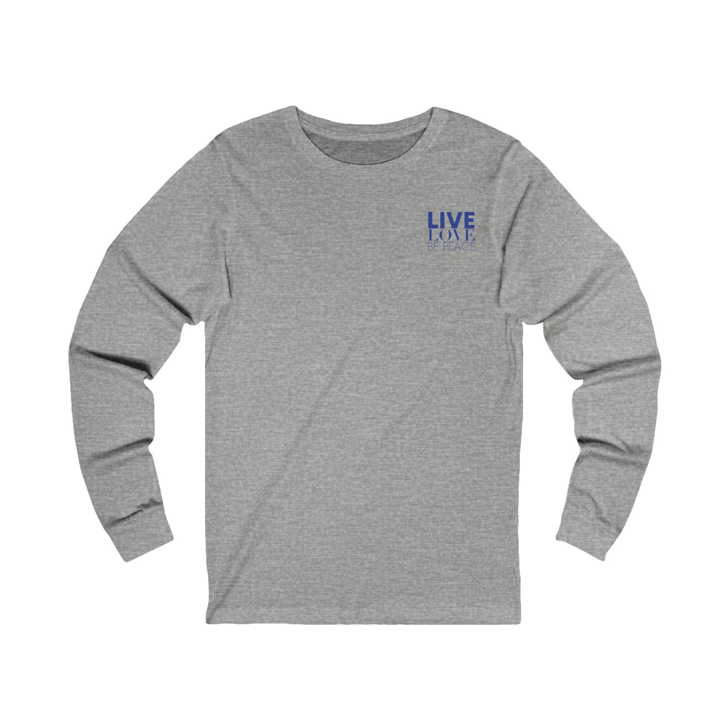 Live Love Be Peace logo front long sleeve t shirt in blue on grey