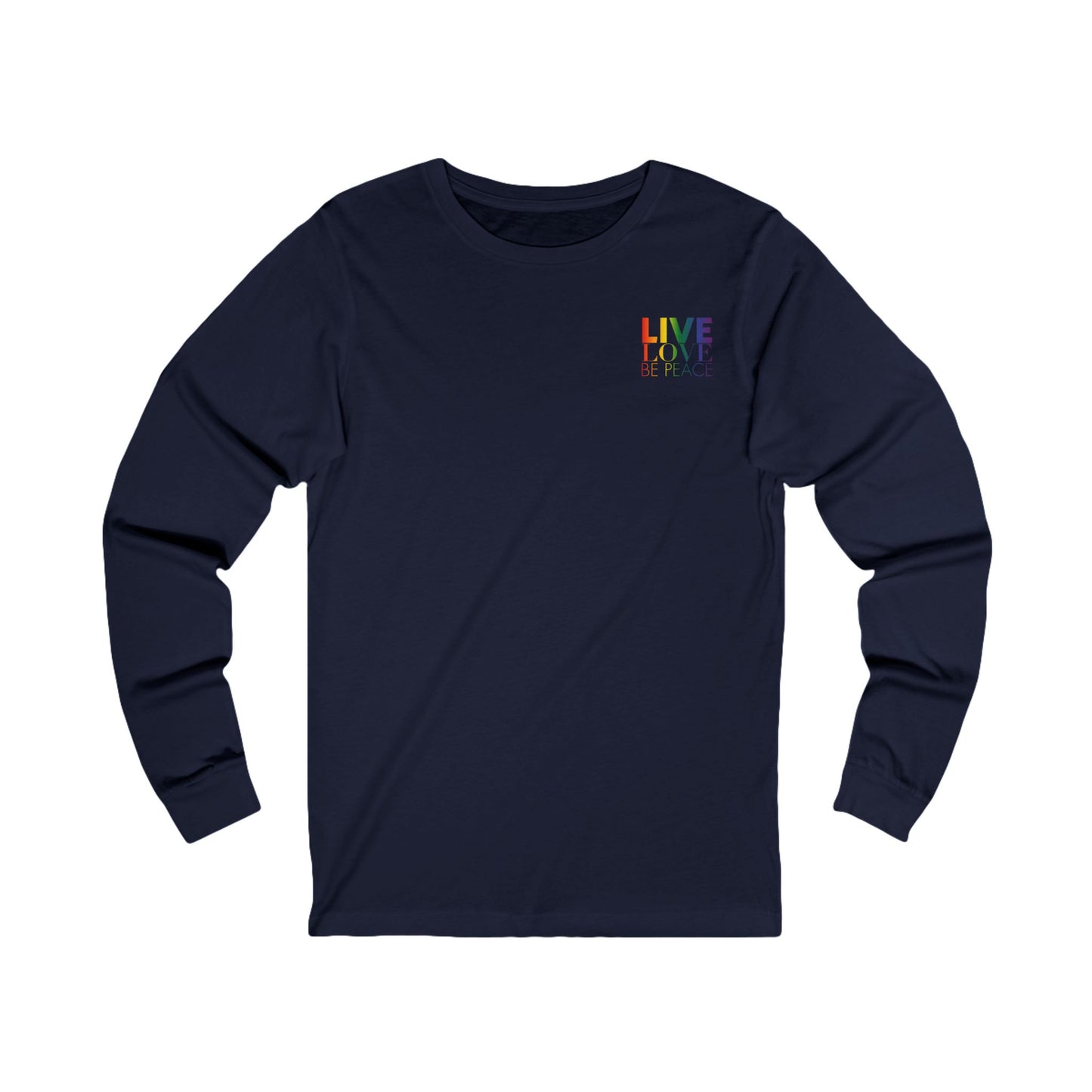 Live Love Be Peace logo front long sleeve t shirt in rainbow on navy