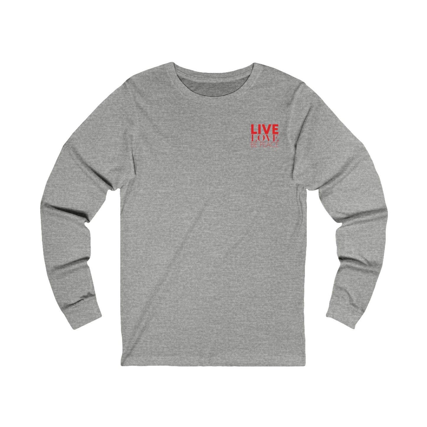 Live Love Be Peace logo front long sleeve t shirt in red on grey