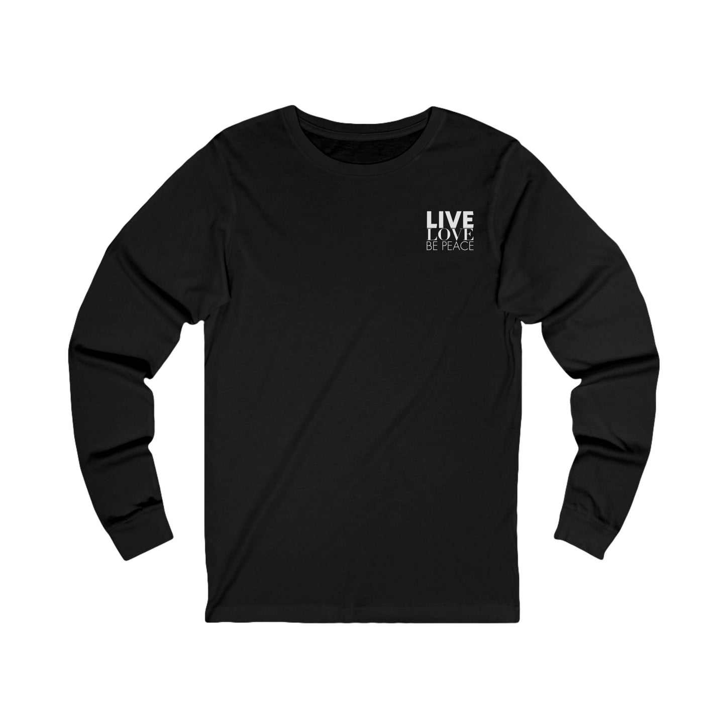 Live Love Be Peace logo front long sleeve t shirt in white on black
