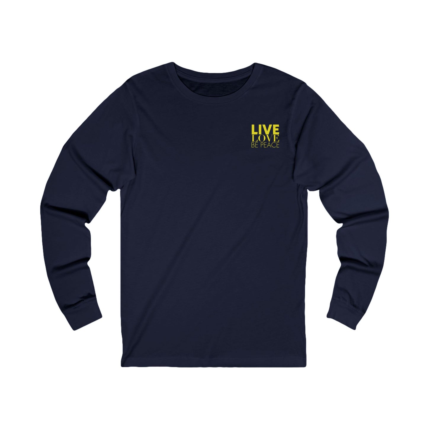 Live Love Be Peace logo front long sleeve t shirt in yellow on navy