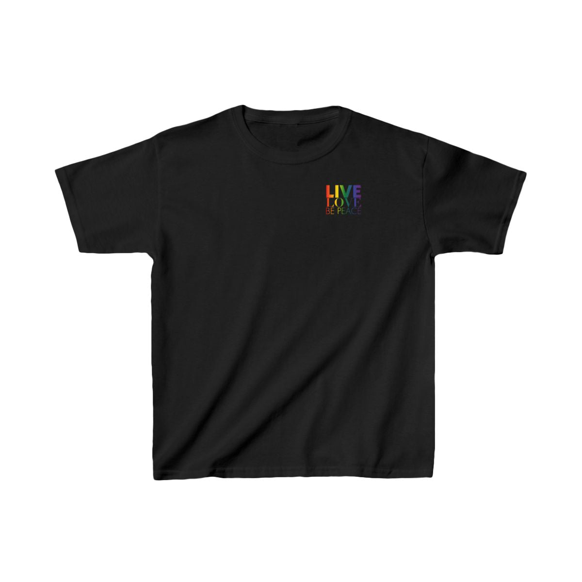 Live Love Be Peace logo front kids t shirt in rainbow on black