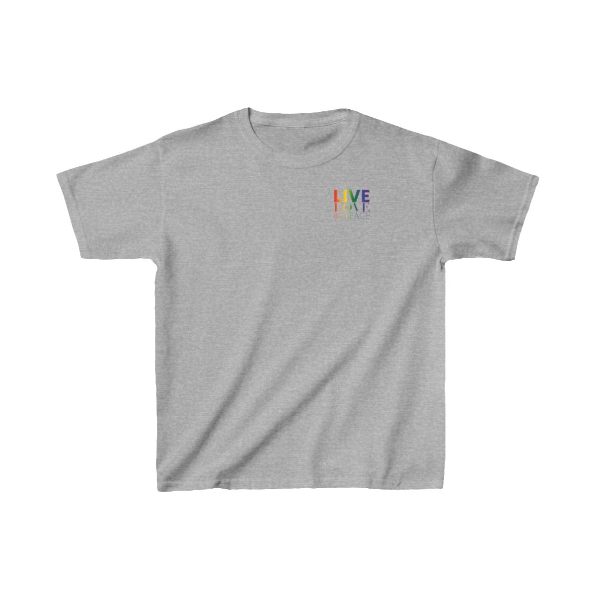 Live Love Be Peace logo front kids t shirt in rainbow on grey
