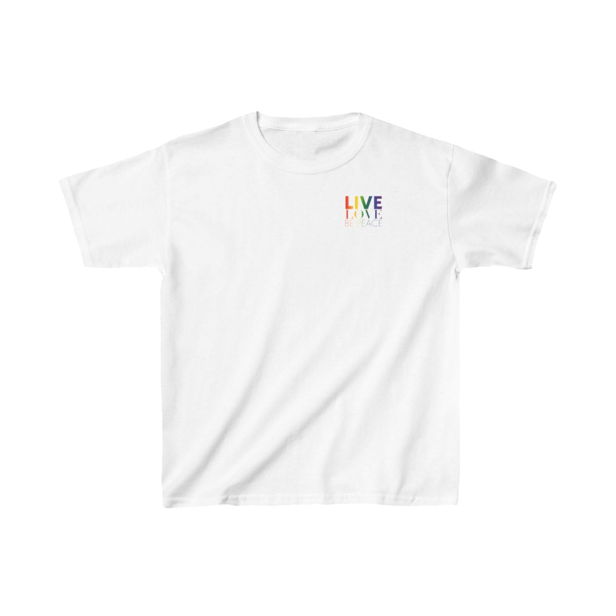 Live Love Be Peace logo front kids t shirt in rainbow on white