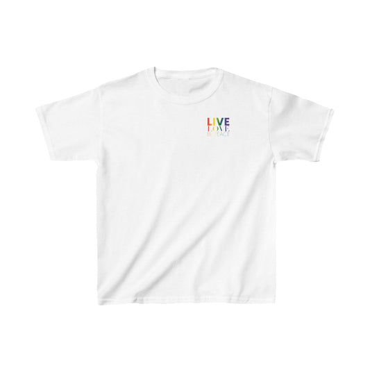 Live Love Be Peace logo front kids t shirt in rainbow on white