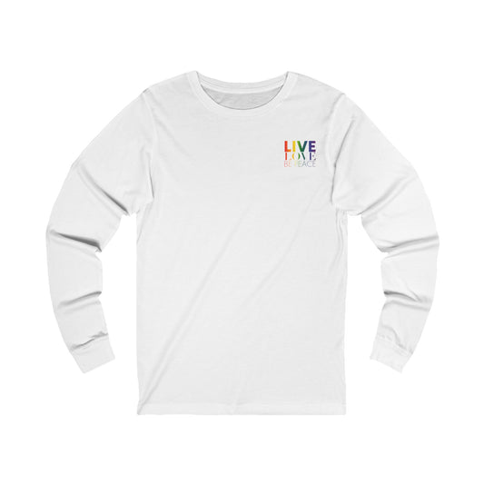 Live Love Be Peace logo front long sleeve t shirt in rainbow on white