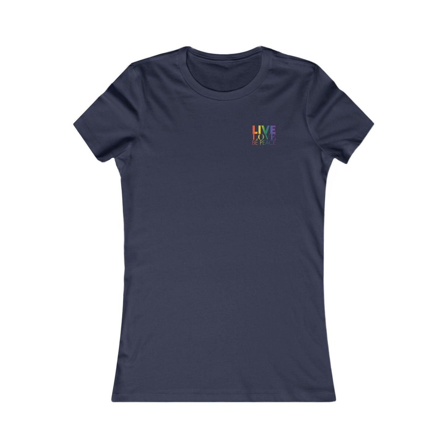 Live Love Be Peace logo front women’s t shirt in rainbow on navy