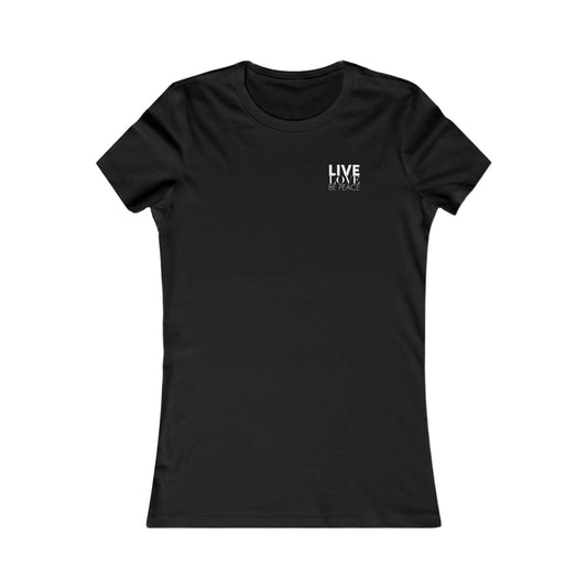 Live Love Be Peace logo front women’s t shirt in white on black