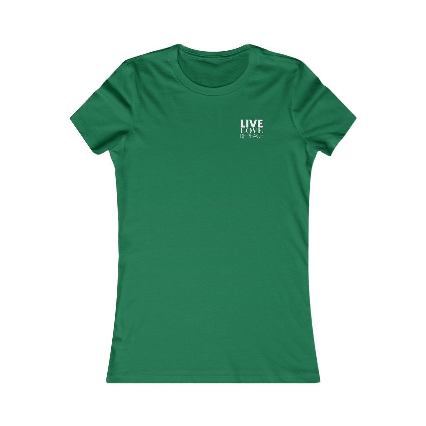 Live Love Be Peace logo front women’s t shirt in white on kelly green