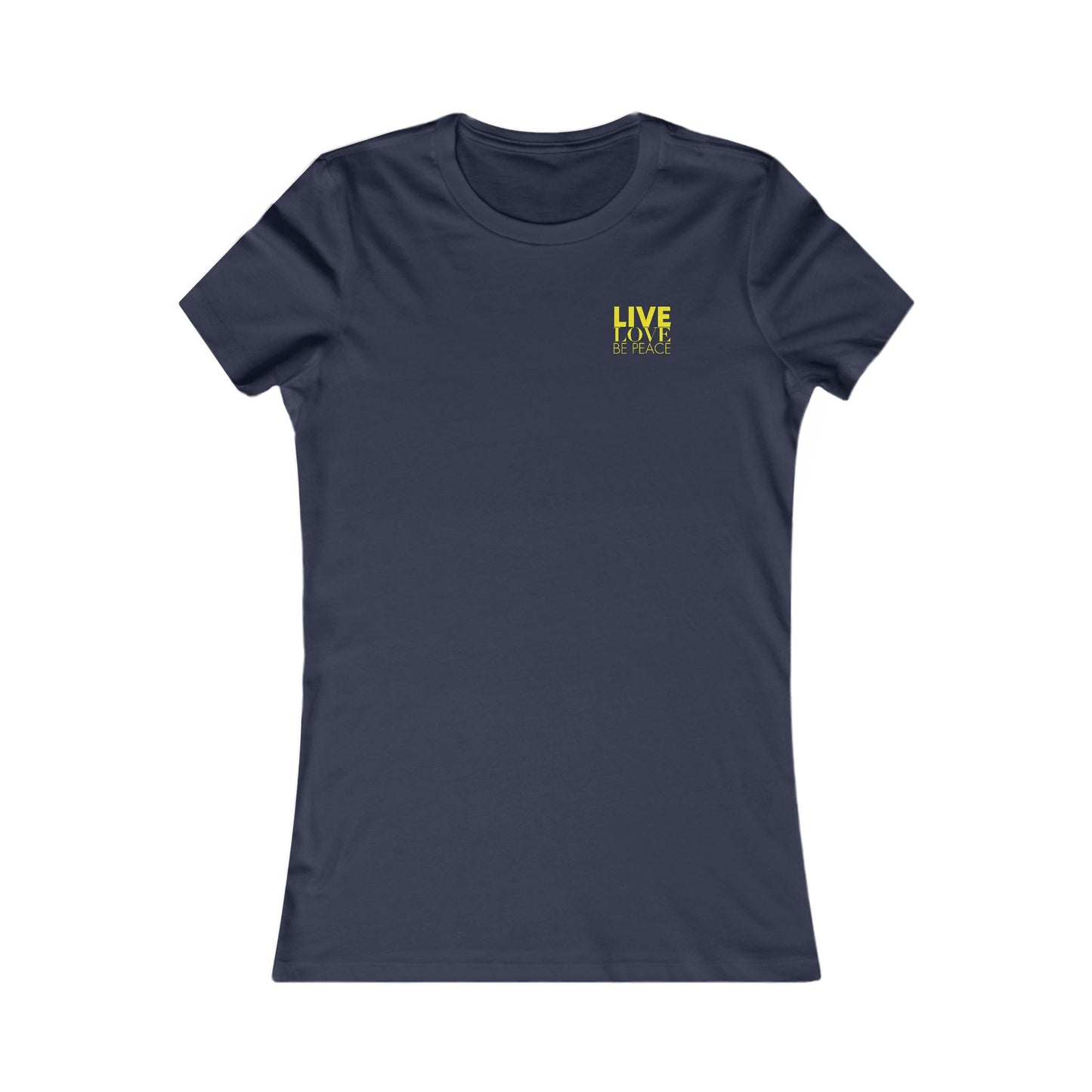 Live Love Be Peace logo front women’s t shirt in yellow on navy