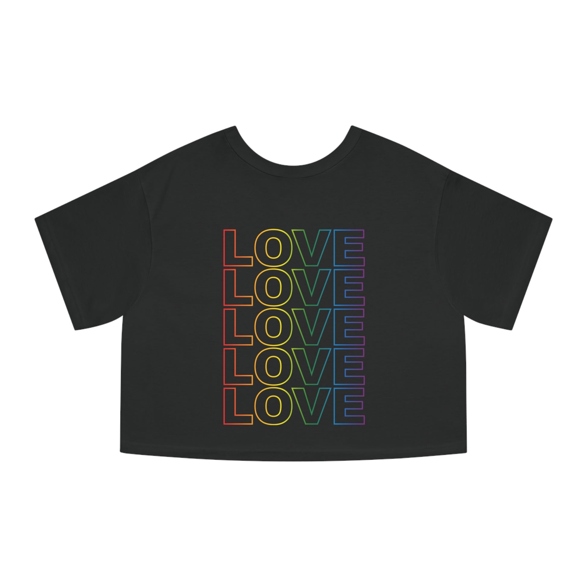 Live Love Be Peace and LOVE Crop Top T-shirt in Rainbow on Black Back