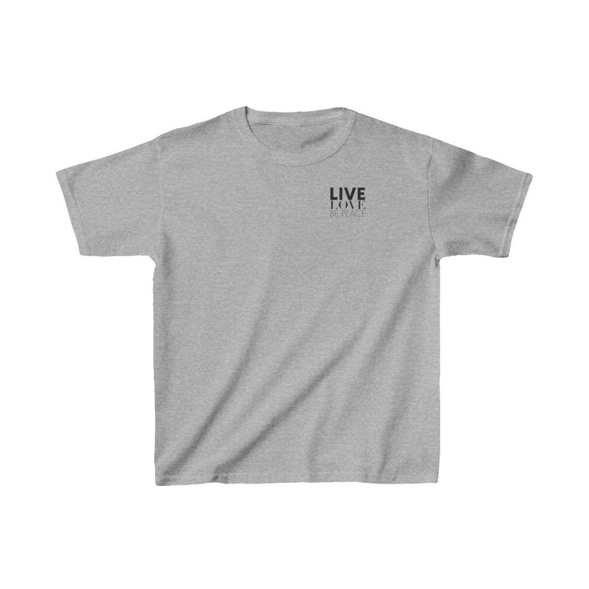 Live Love Be Peace and LOVE Kids T-Shirt in Black on Grey Front View