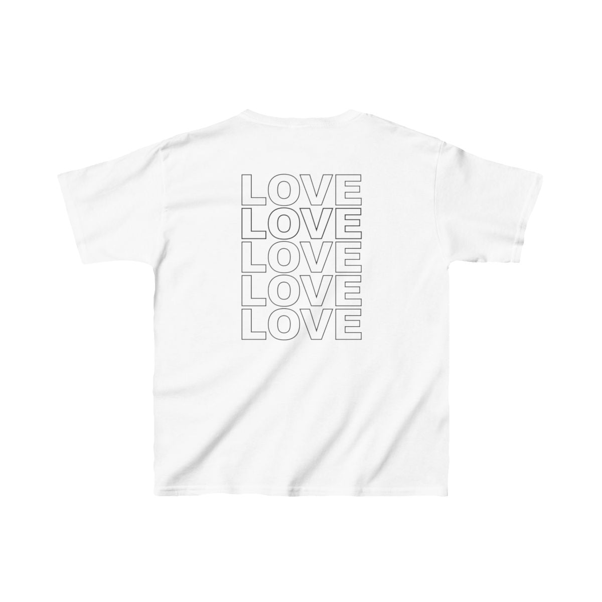 Live Love Be Peace and LOVE Kids T-Shirt in Black on White Back View