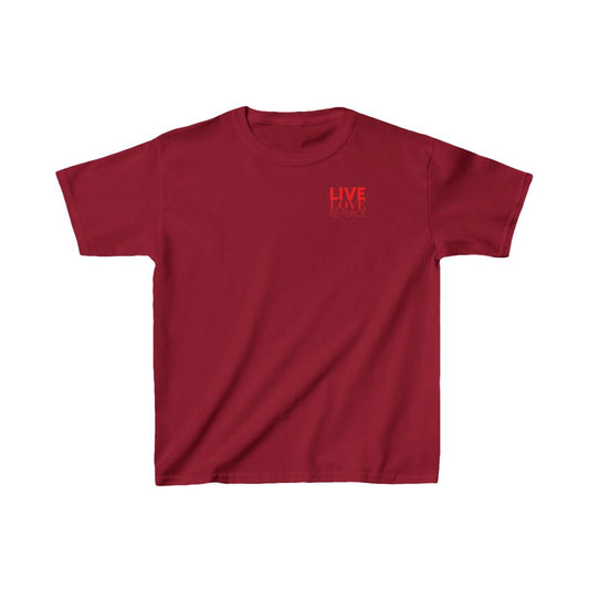 Live Love Be Peace and LOVE Kids T-Shirt Red on Red Front View