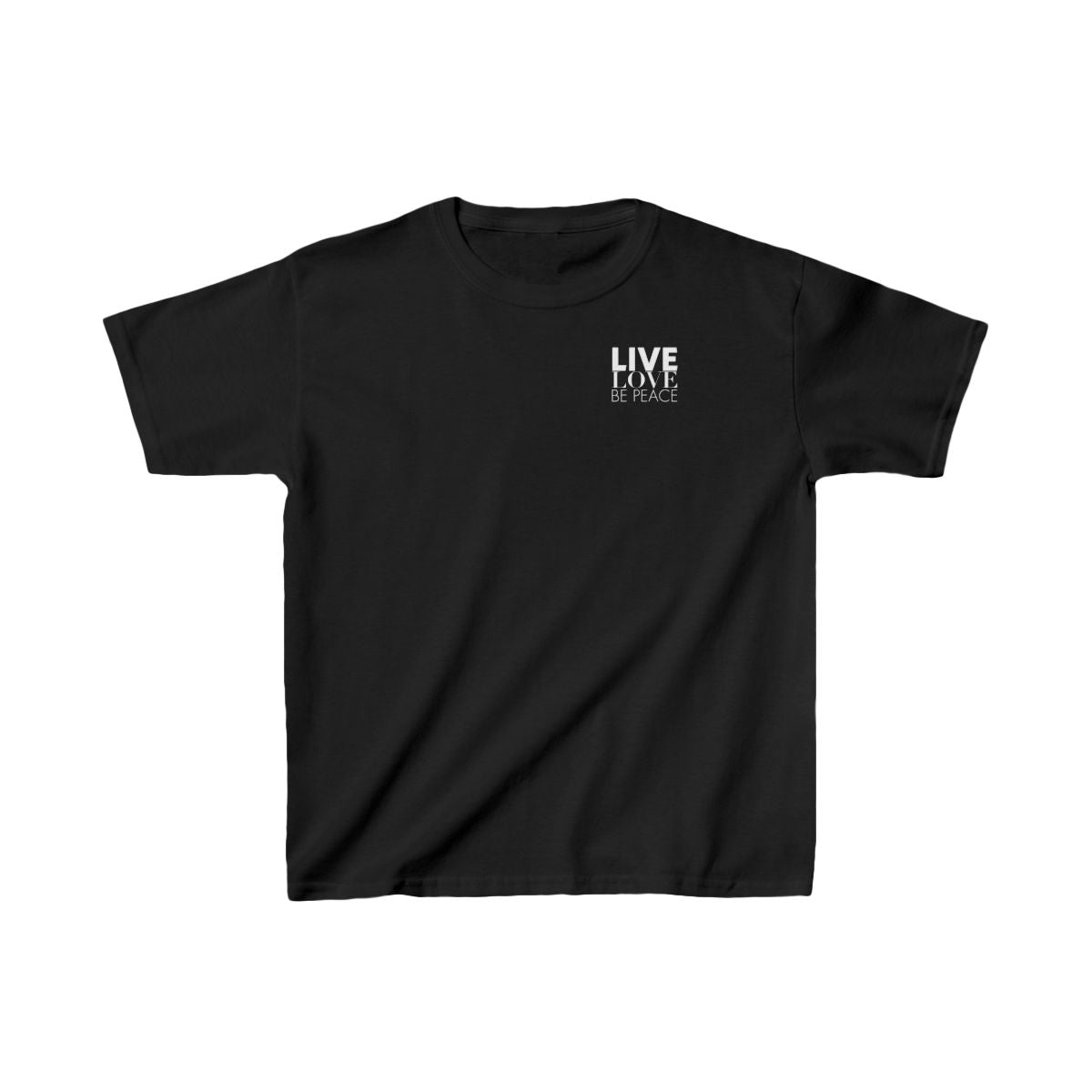 Live Love Be Peace and LOVE Kids T-Shirt in White on Black Front View