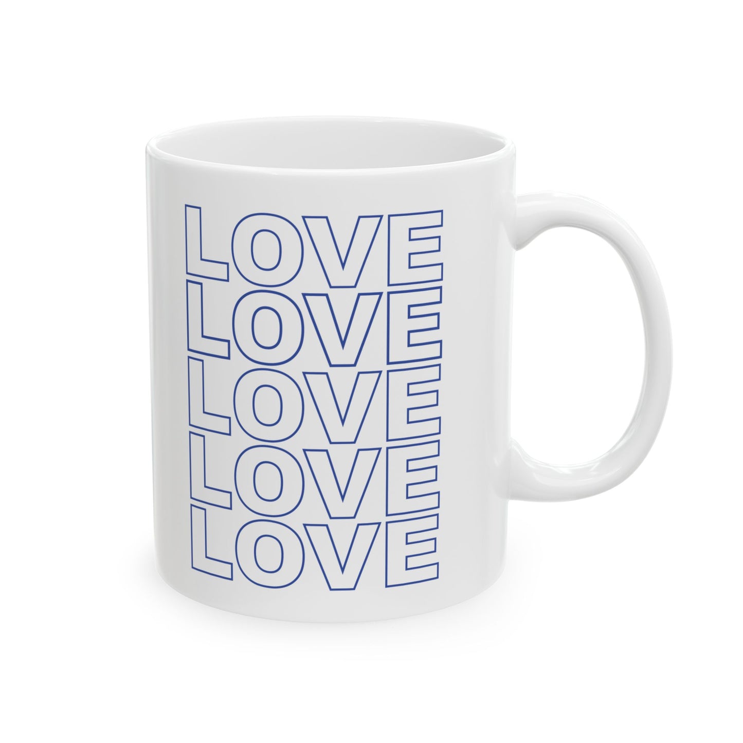 Live Love Be Peace LOVE stack 11oz ceramic mug showing stacked LOVE design in blue