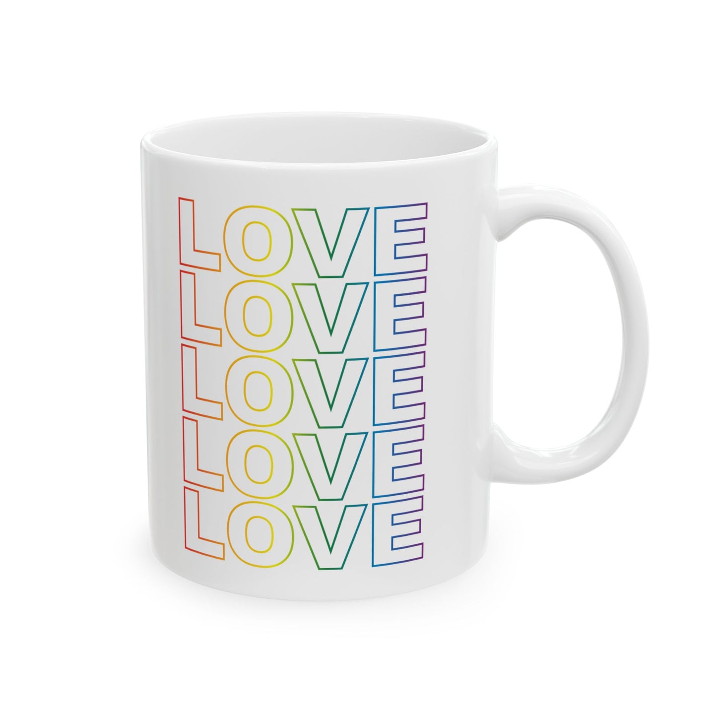 Live Love Be Peace LOVE stack 11oz ceramic mug showing stacked LOVE design in rainbow