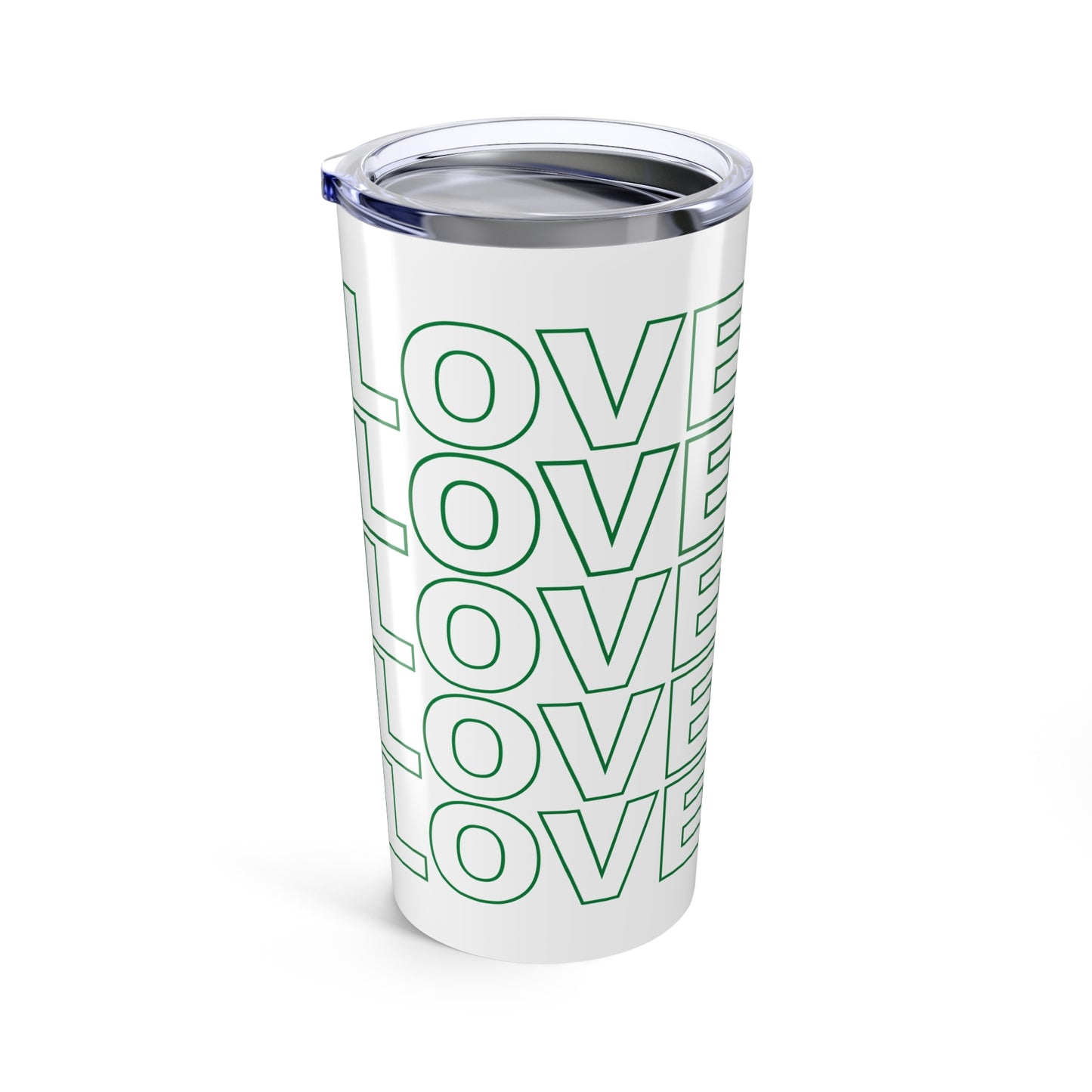 Live Love Be Peace LOVE stack 20oz insulated tumbler in green with double-wall stainless steel design
