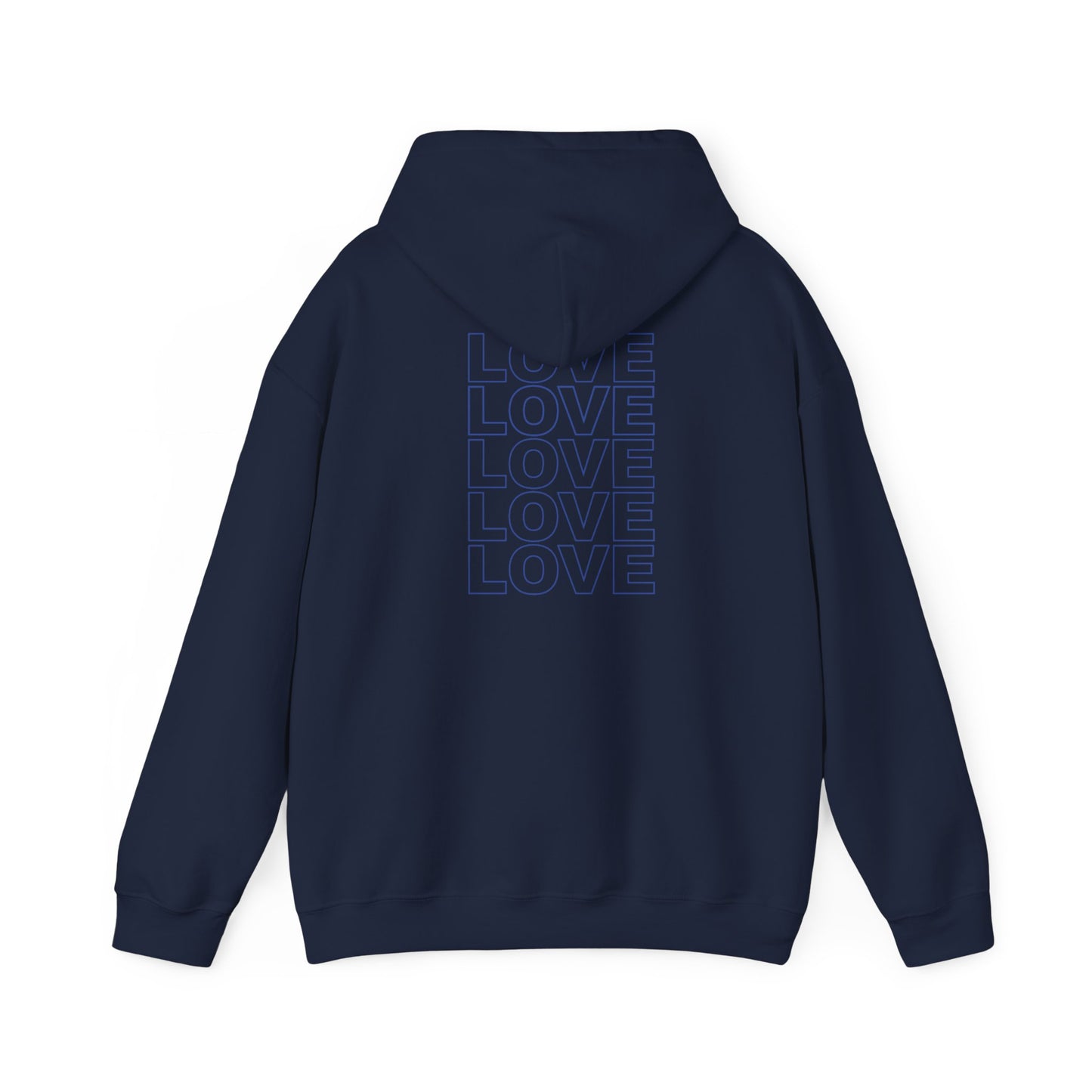 Live Love Be Peace LOVE stack back design pullover hoodie in blue on navy