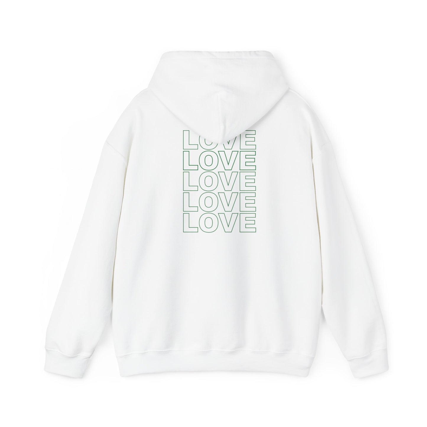 Live Love Be Peace LOVE stack back design pullover hoodie green on white