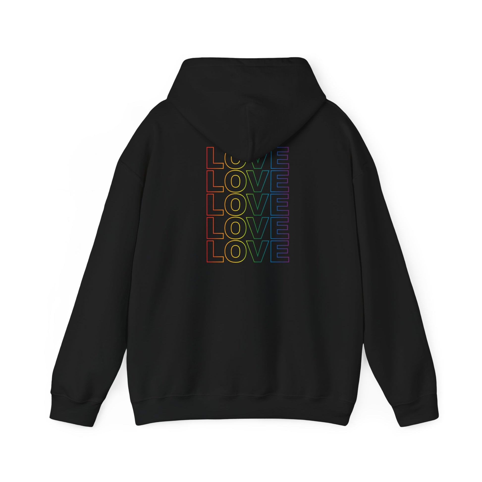 Live Love Be Peace LOVE stack back design pullover hoodie in rainbow on black