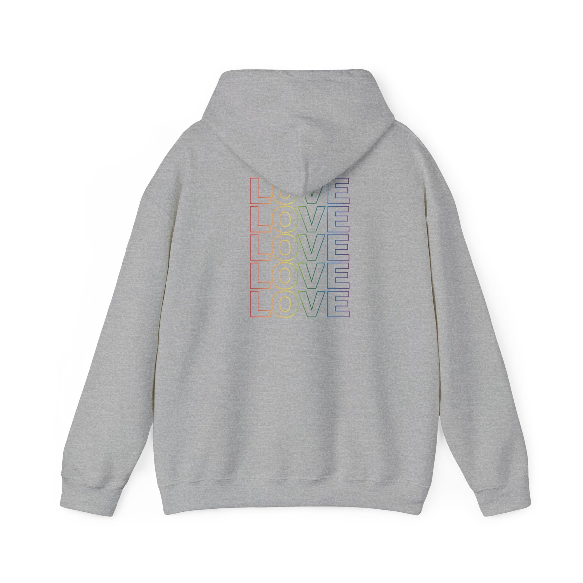 Live Love Be Peace LOVE stack back design pullover hoodie in rainbow on grey