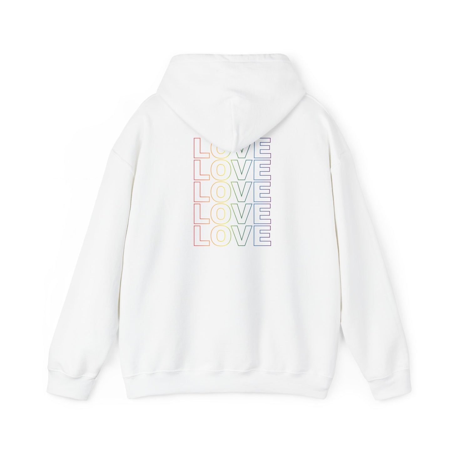 Live Love Be Peace LOVE stack back design pullover hoodie rainbow on white