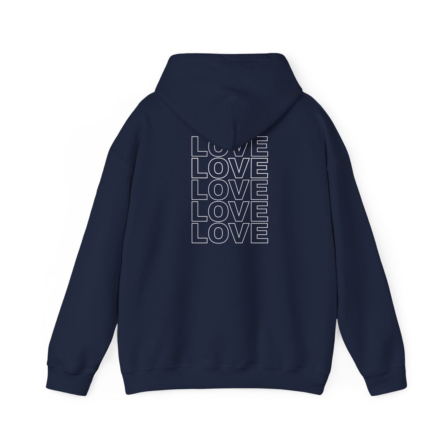 Live Love Be Peace LOVE stack back design pullover hoodie in white on navy