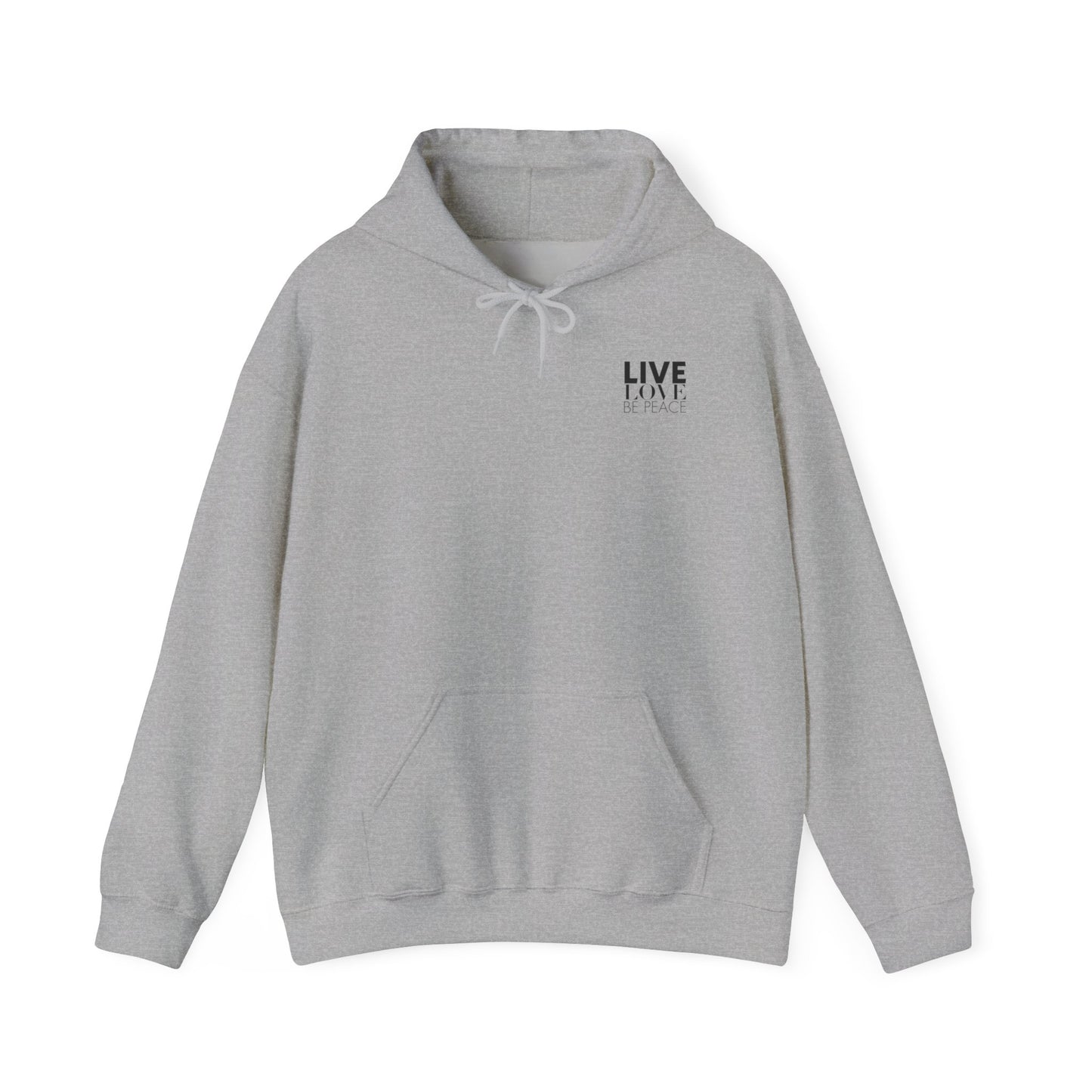Live Love Be Peace LOVE stack hoodie with Live Love Be Peace logo on front in black on grey