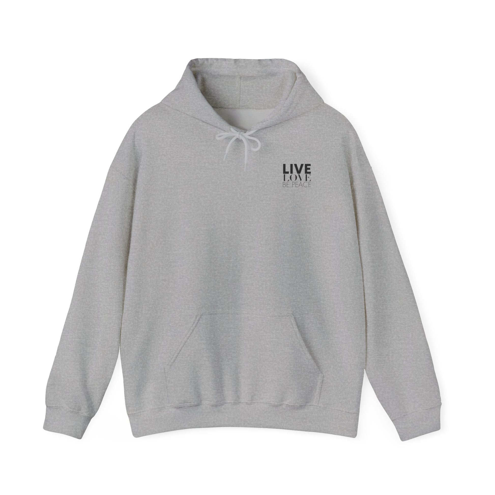 Live Love Be Peace LOVE stack hoodie with Live Love Be Peace logo on front in black on grey